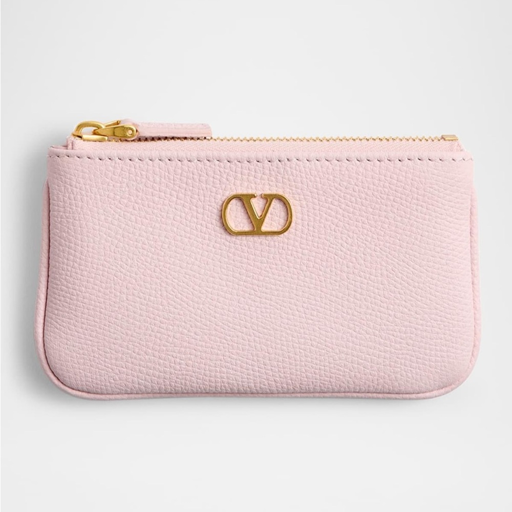 VALENTINO V Logo Signature Grainy Calfskin Leather Key Card Holder Rose Quartz